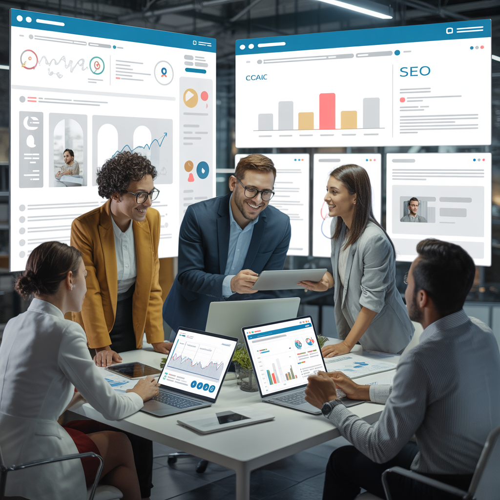 Digital marketing agency team analyzing SEO analytics, social media metrics, and online marketing performance on dashboards