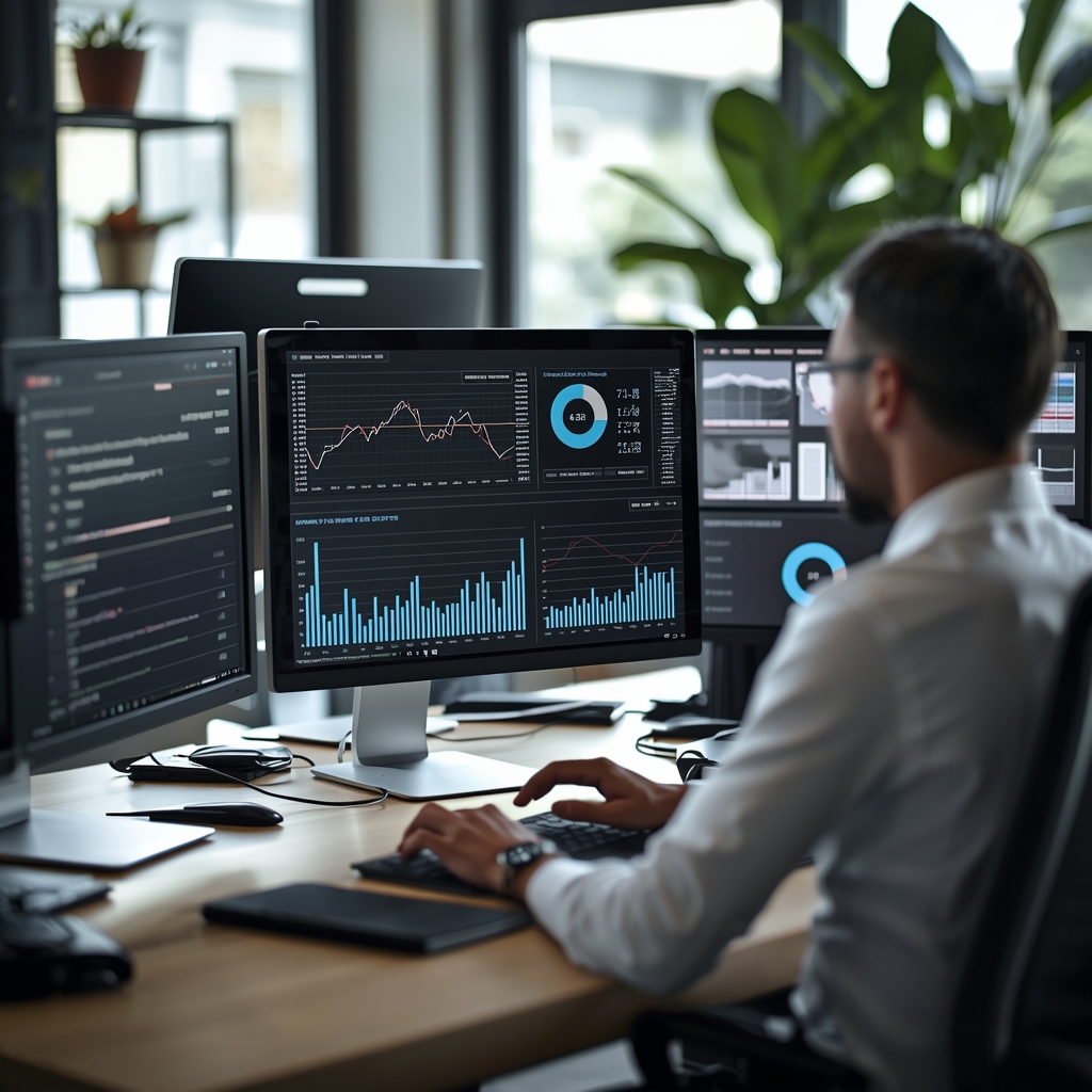 Digital marketer analyzing PPC campaign data on multiple screens to optimize cost-per-click and boost conversions